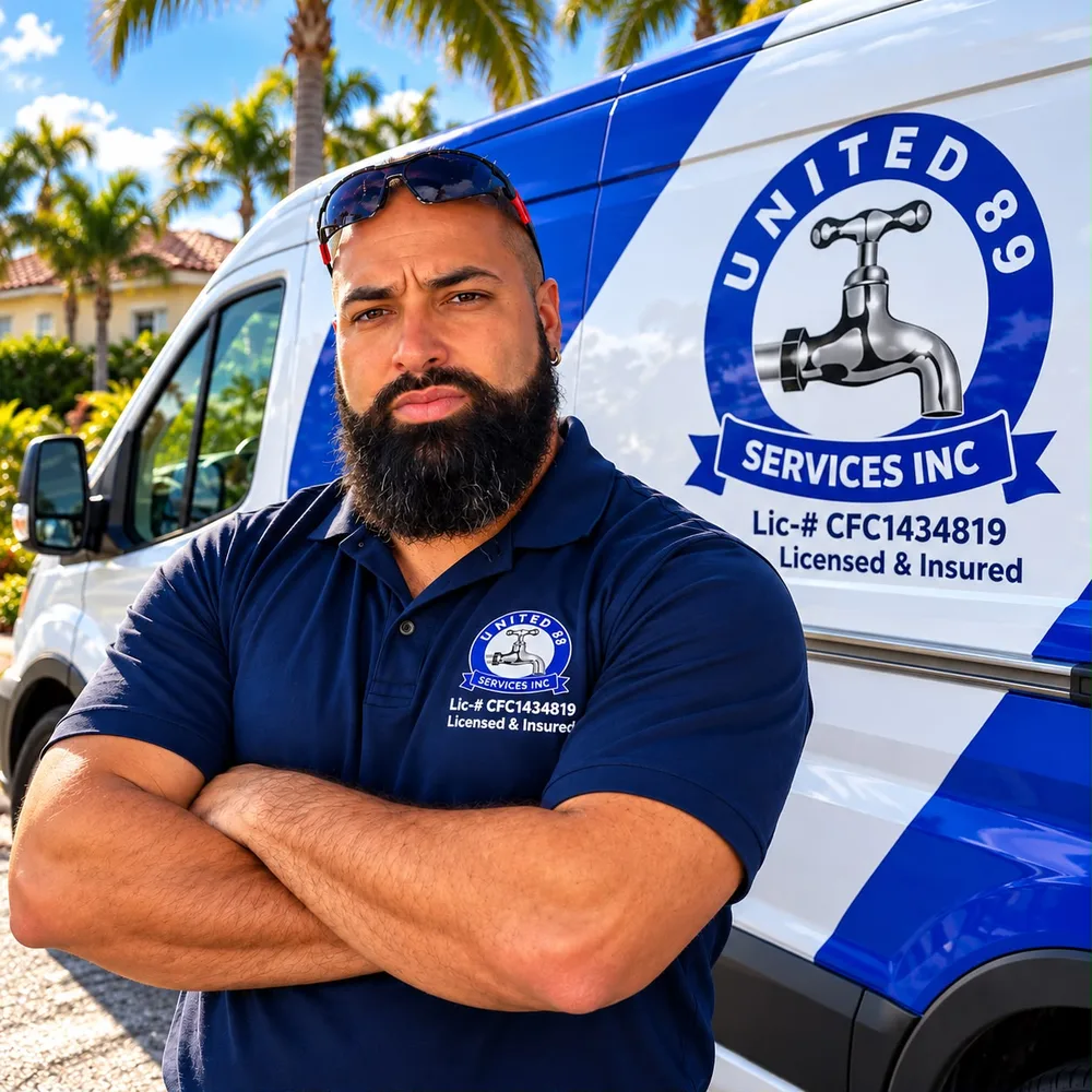 Serguey of United 89 Services next to the company van showing license CFC1434819