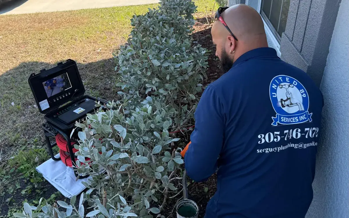 Serguey running a sewer inspection camera through an outdoor drain cleanout