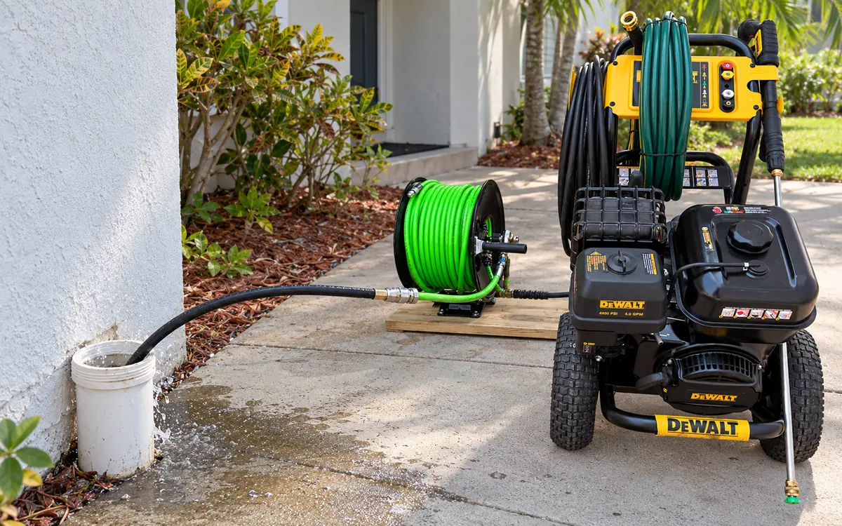 4,400 PSI hydro jetter and hose reel clearing an outdoor sewer cleanout at a South Florida home