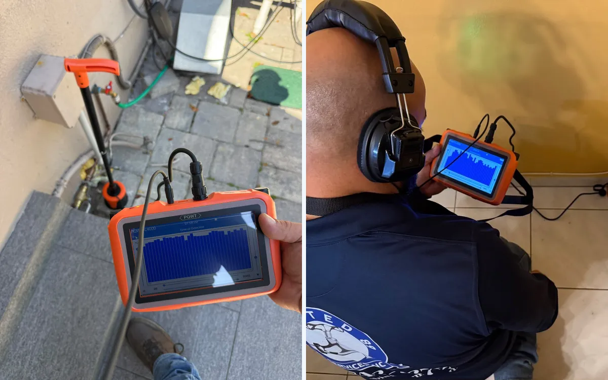 Electronic leak detector in use outside a home and inside on a tile floor