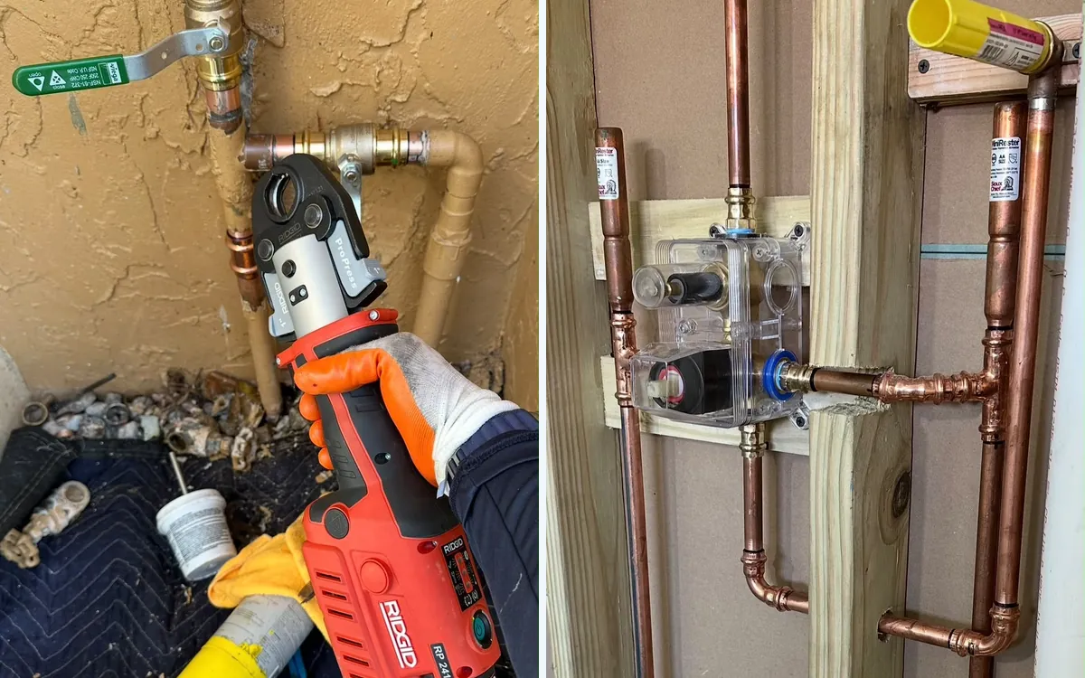Pressing a new copper shut-off valve with a ProPress tool, and new copper shower valve rough-in during a bathroom remodel