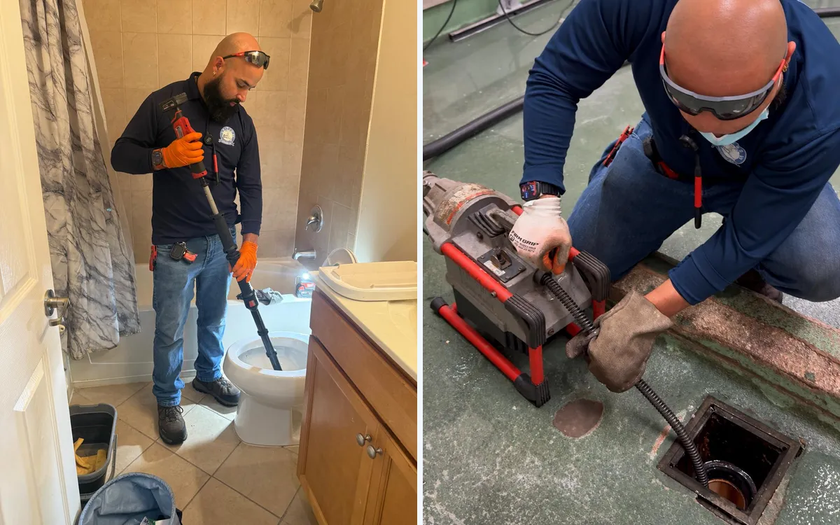 Serguey clearing a clogged toilet and a commercial floor drain with a drum machine